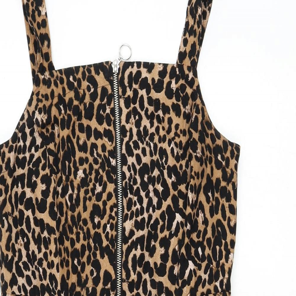 Primark Womens Brown Animal Print Cotton Pencil Dress Size 10 Square Neck Zip - Leopard Print