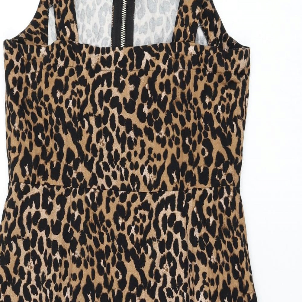 Primark Womens Brown Animal Print Cotton Pencil Dress Size 10 Square Neck Zip - Leopard Print