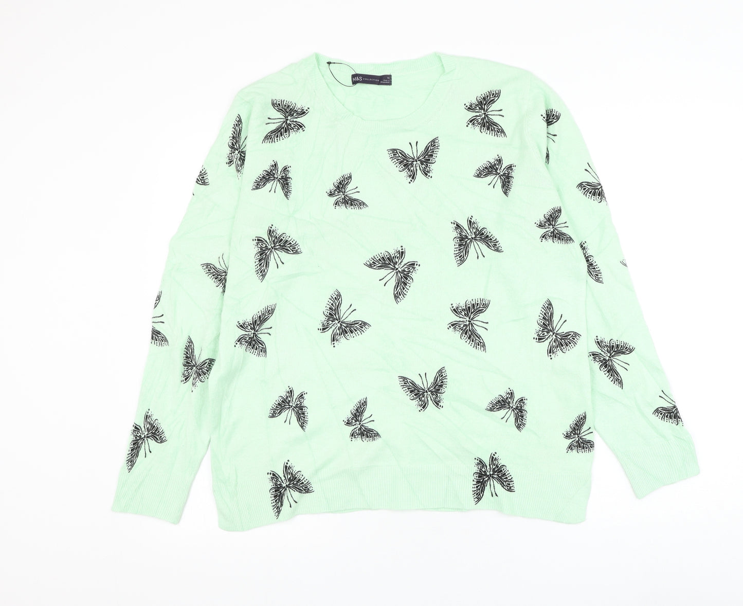 Marks and Spencer Womens Green Round Neck Geometric Acrylic Pullover Jumper Size 16 - Butterfly