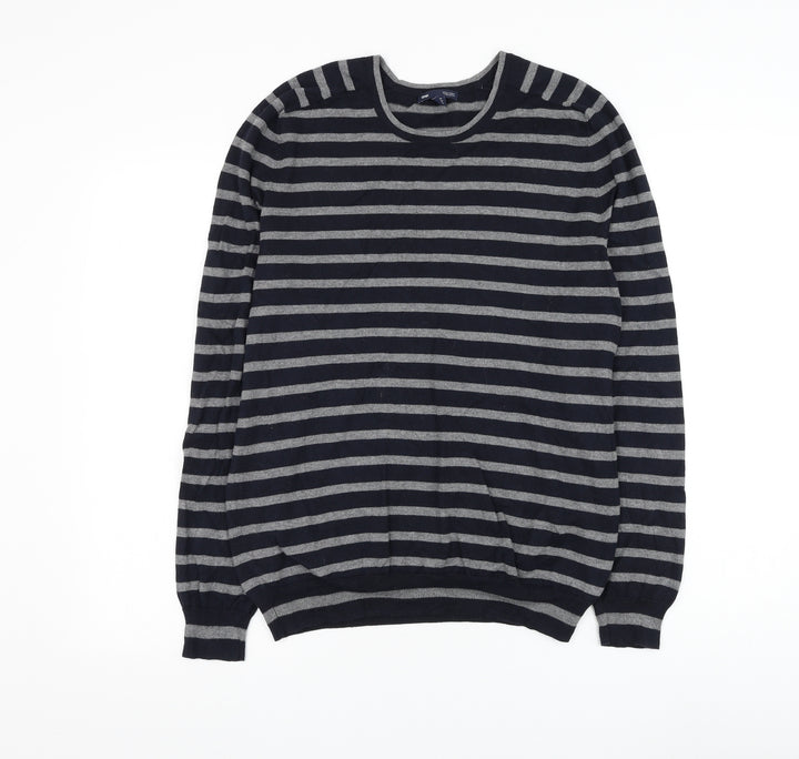 Gap Mens Blue Round Neck Striped Cotton Pullover Jumper Size S