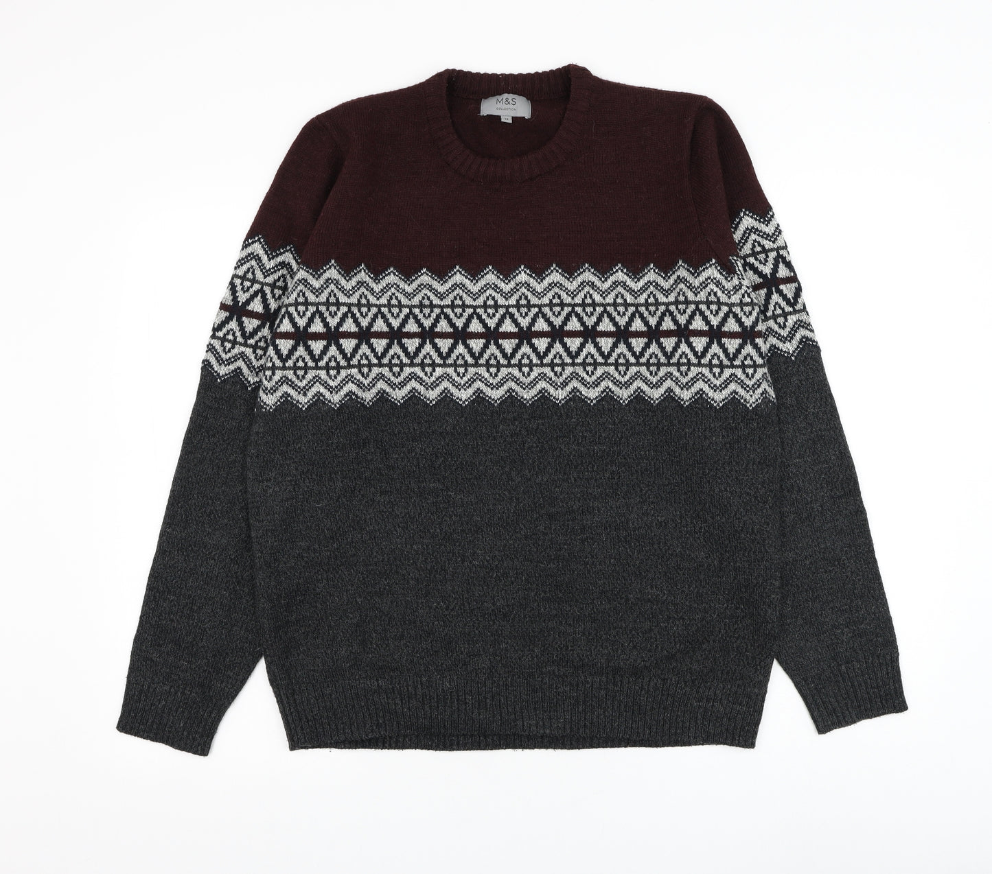 Marks and Spencer Mens Grey Round Neck Fair Isle Acrylic Pullover Jumper Size M