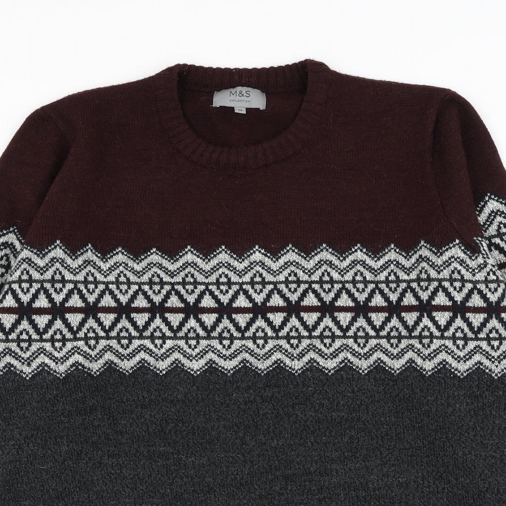 Marks and Spencer Mens Grey Round Neck Fair Isle Acrylic Pullover Jumper Size M