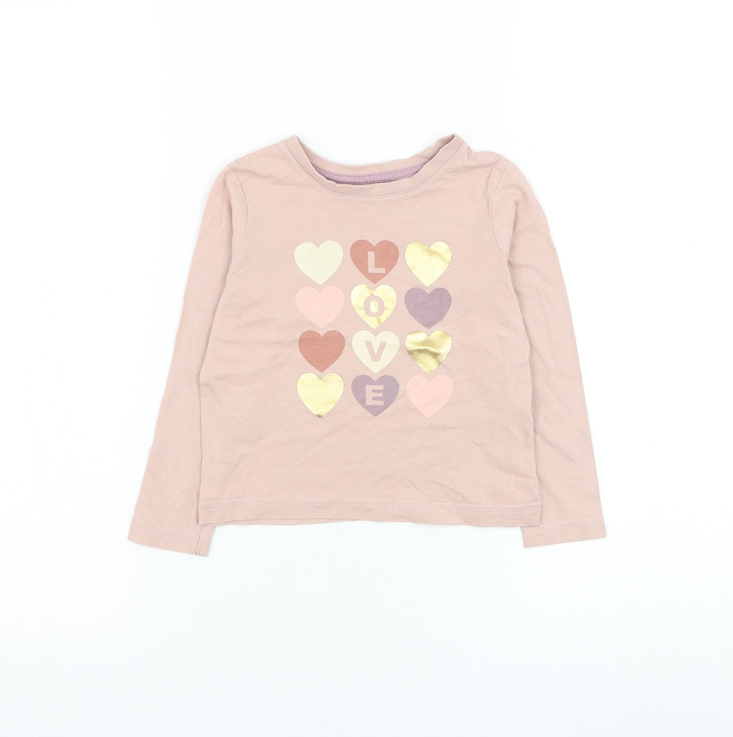 Primark Girls Pink Cotton Basic T-Shirt Size 2-3 Years Round Neck Pullover - Love Heart