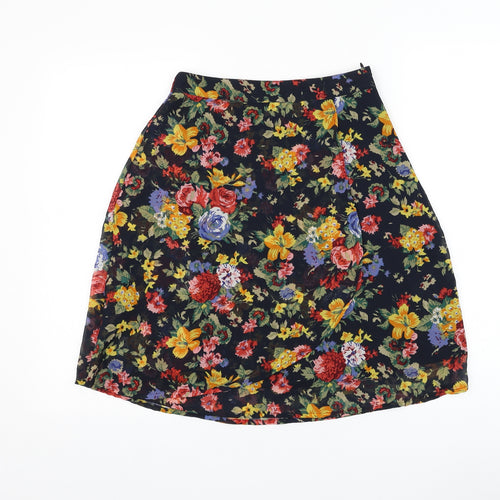 Wednesday's Girl Womens Black Floral Polyester A-Line Skirt Size XS Zip