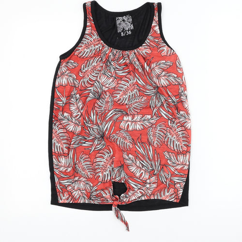 Dunnes Stores Womens Red Floral Polyester Basic Tank Size 8 Round Neck - Knot Front