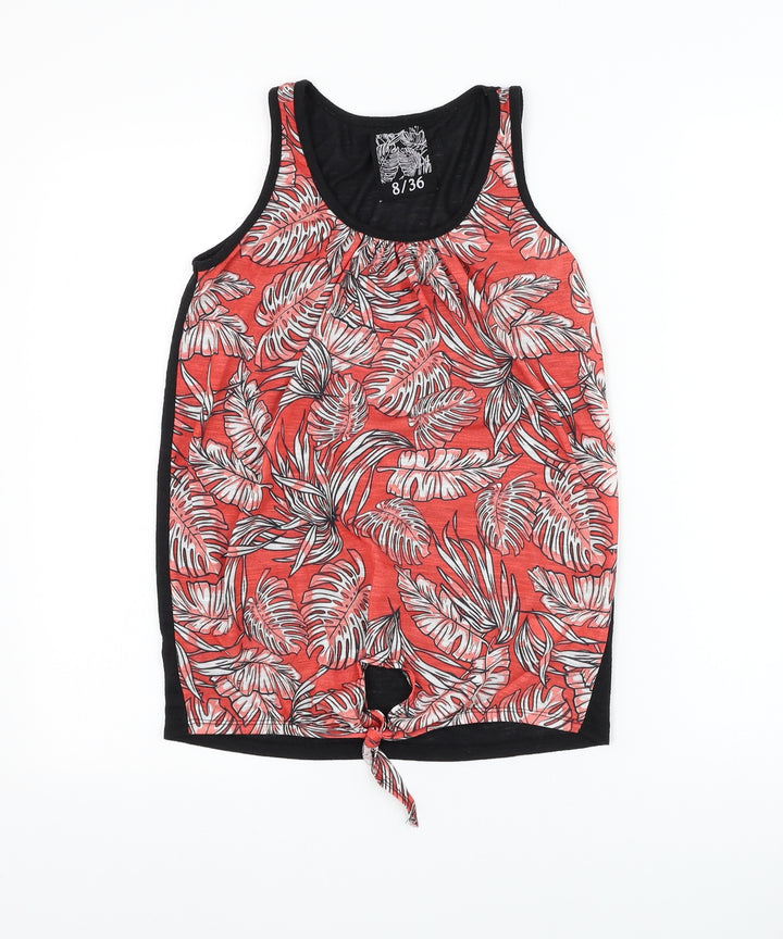 Dunnes Stores Womens Red Floral Polyester Basic Tank Size 8 Round Neck - Knot Front