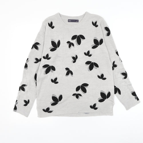Marks and Spencer Womens Grey Round Neck Geometric Acrylic Pullover Jumper Size 10 - Leaf Print