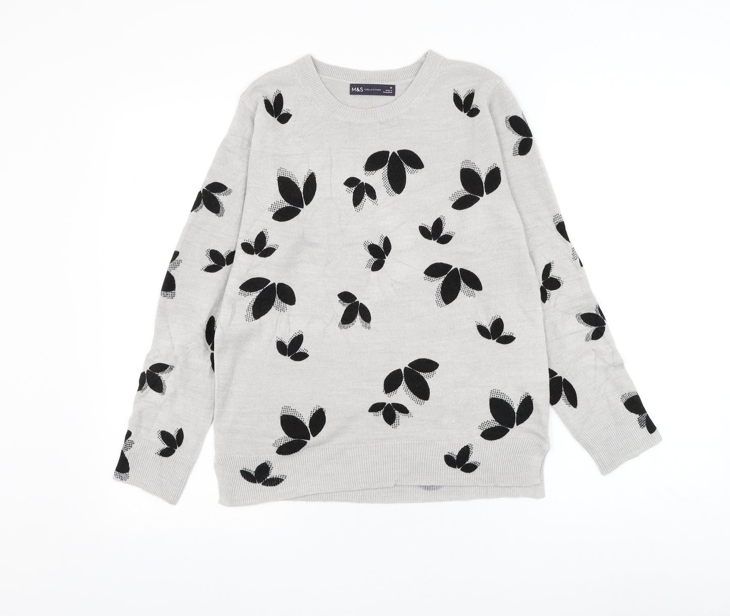 Marks and Spencer Womens Grey Round Neck Geometric Acrylic Pullover Jumper Size 10 - Leaf Print