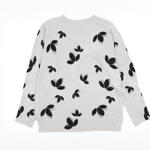 Marks and Spencer Womens Grey Round Neck Geometric Acrylic Pullover Jumper Size 10 - Leaf Print