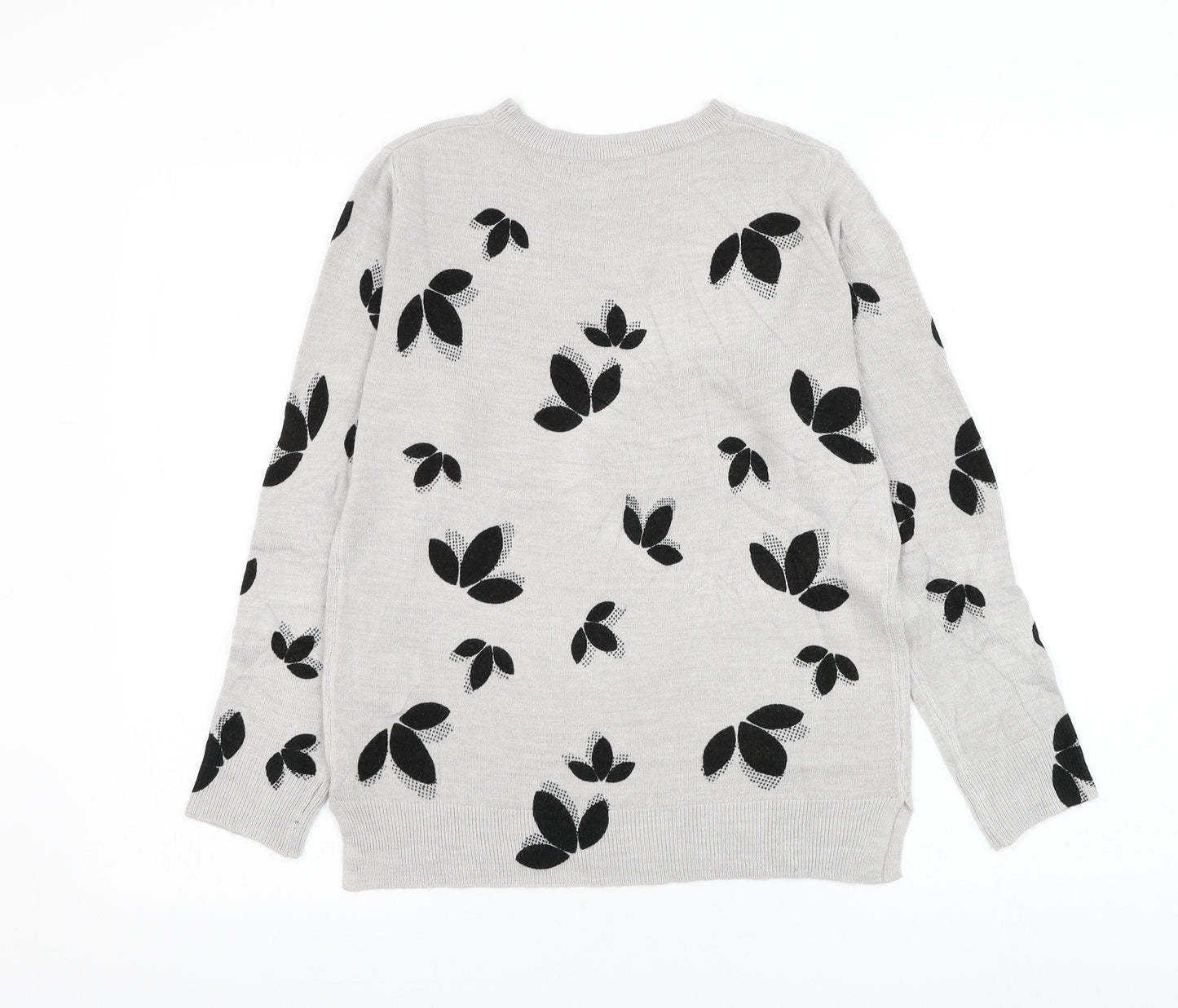 Marks and Spencer Womens Grey Round Neck Geometric Acrylic Pullover Jumper Size 10 - Leaf Print