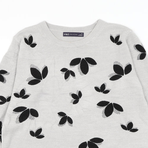 Marks and Spencer Womens Grey Round Neck Geometric Acrylic Pullover Jumper Size 10 - Leaf Print