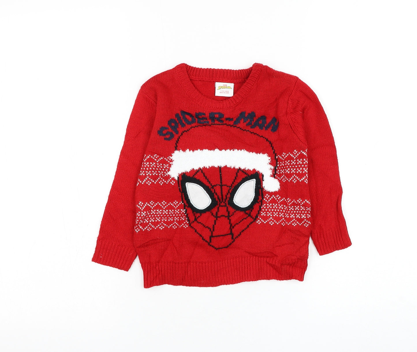 Primark Boys Red Round Neck Acrylic Pullover Jumper Size 2-3 Years Pullover - Spiderman Christmas