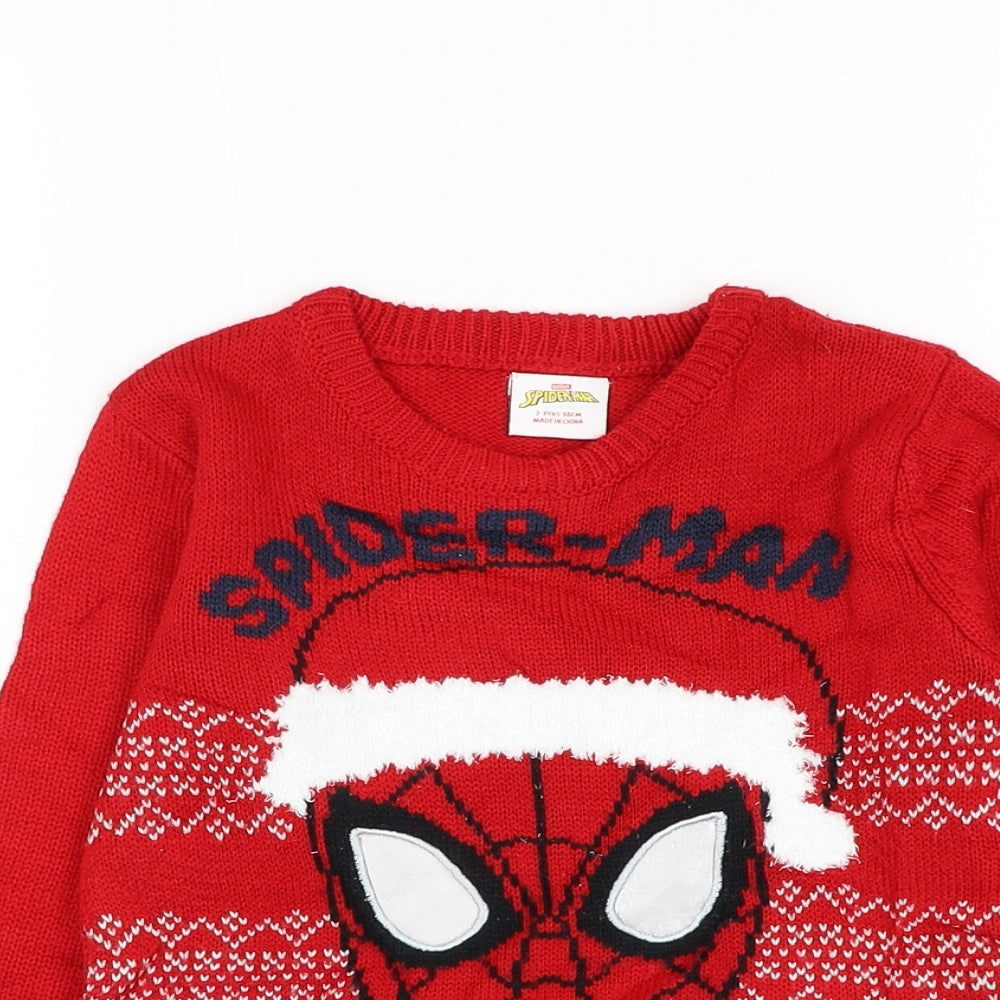 Primark Boys Red Round Neck Acrylic Pullover Jumper Size 2-3 Years Pullover - Spiderman Christmas