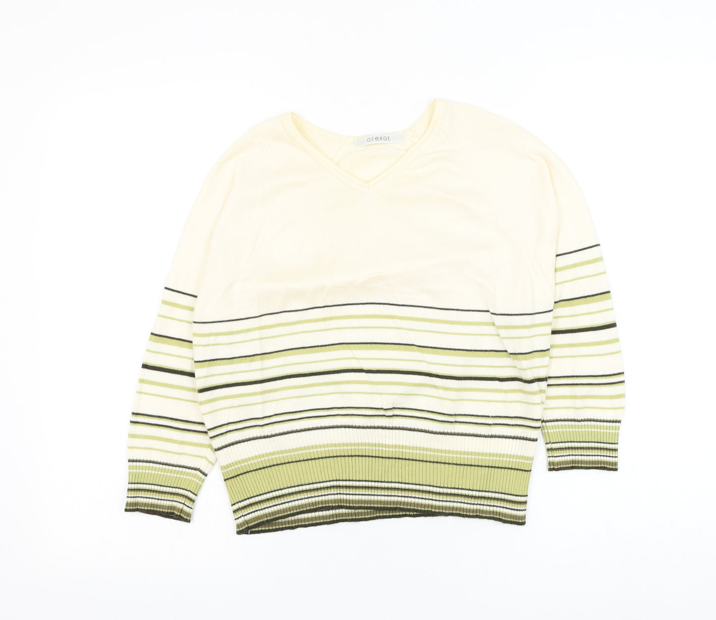George Womens Ivory V-Neck Striped Cotton Pullover Jumper Size 10