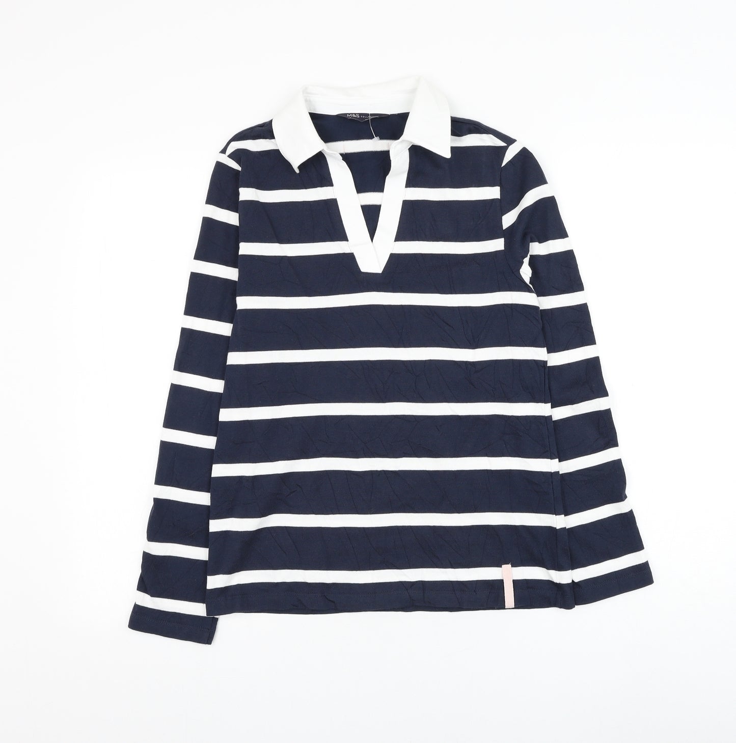 Marks and Spencer Womens Blue Striped Cotton Jersey T-Shirt Size 6 Collared
