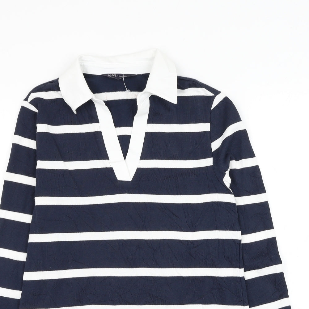 Marks and Spencer Womens Blue Striped Cotton Jersey T-Shirt Size 6 Collared