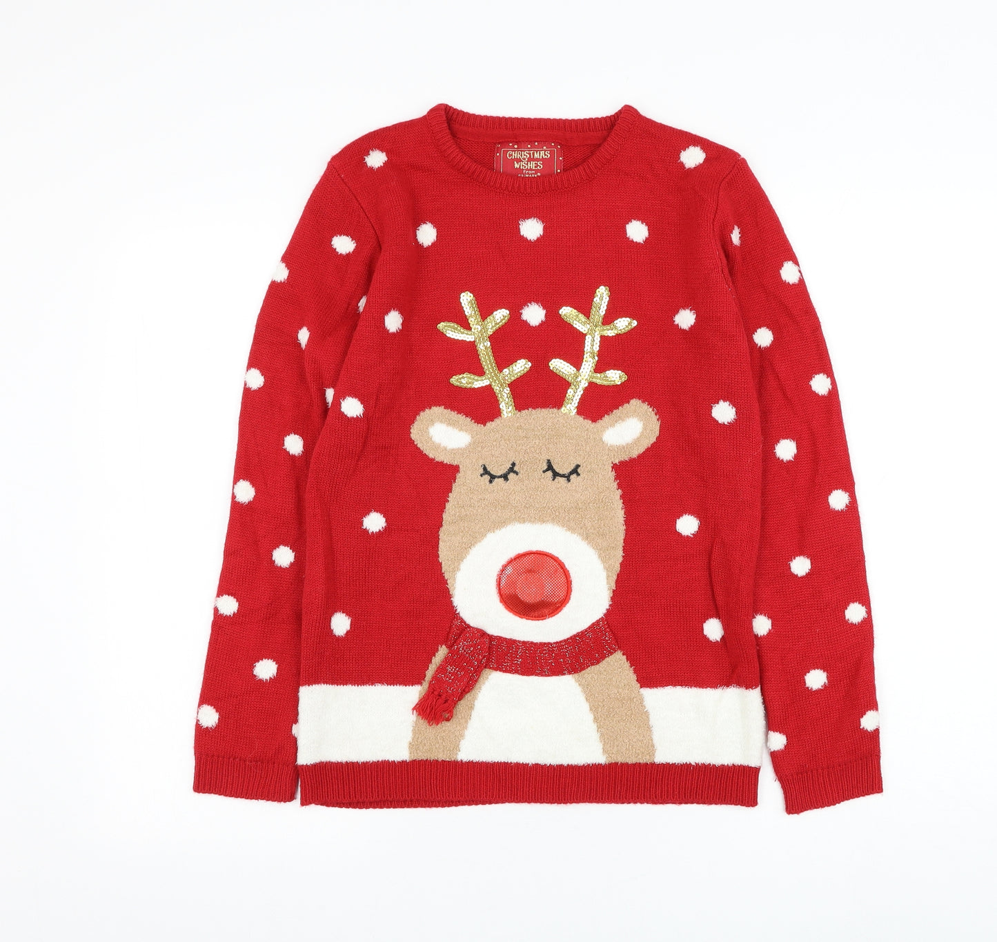 Primark Girls Red Round Neck Acrylic Pullover Jumper Size 12-13 Years Pullover - Reindeer Christmas Jumper