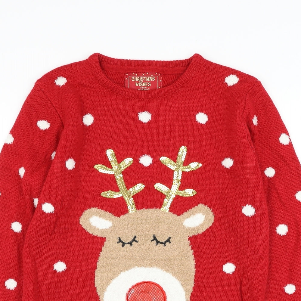 Primark Girls Red Round Neck Acrylic Pullover Jumper Size 12-13 Years Pullover - Reindeer Christmas Jumper