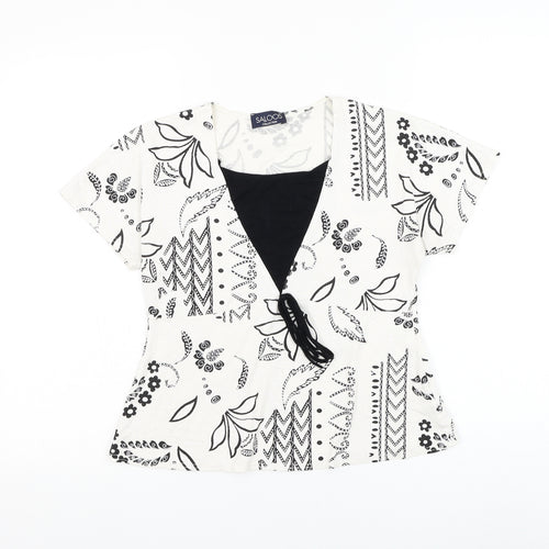 Saloos Womens White Geometric Viscose Basic Blouse Size S Round Neck