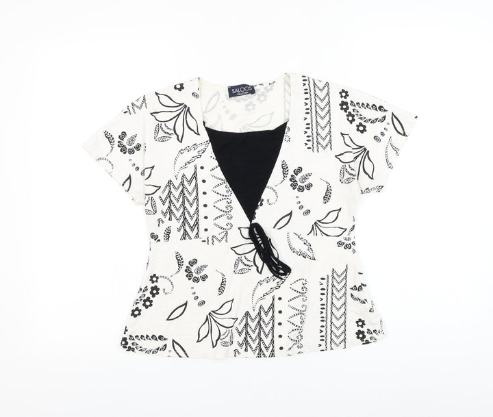 Saloos Womens White Geometric Viscose Basic Blouse Size S Round Neck