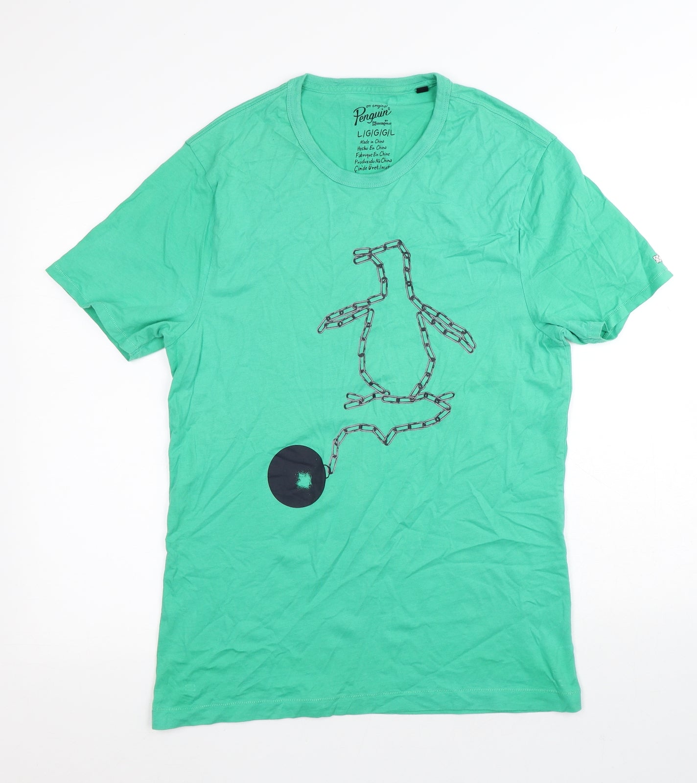 Original Penguin Mens Green Geometric Polyester T-Shirt Size L Round Neck - Penguin