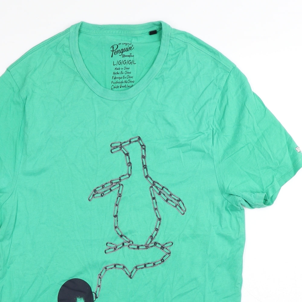 Original Penguin Mens Green Geometric Polyester T-Shirt Size L Round Neck - Penguin