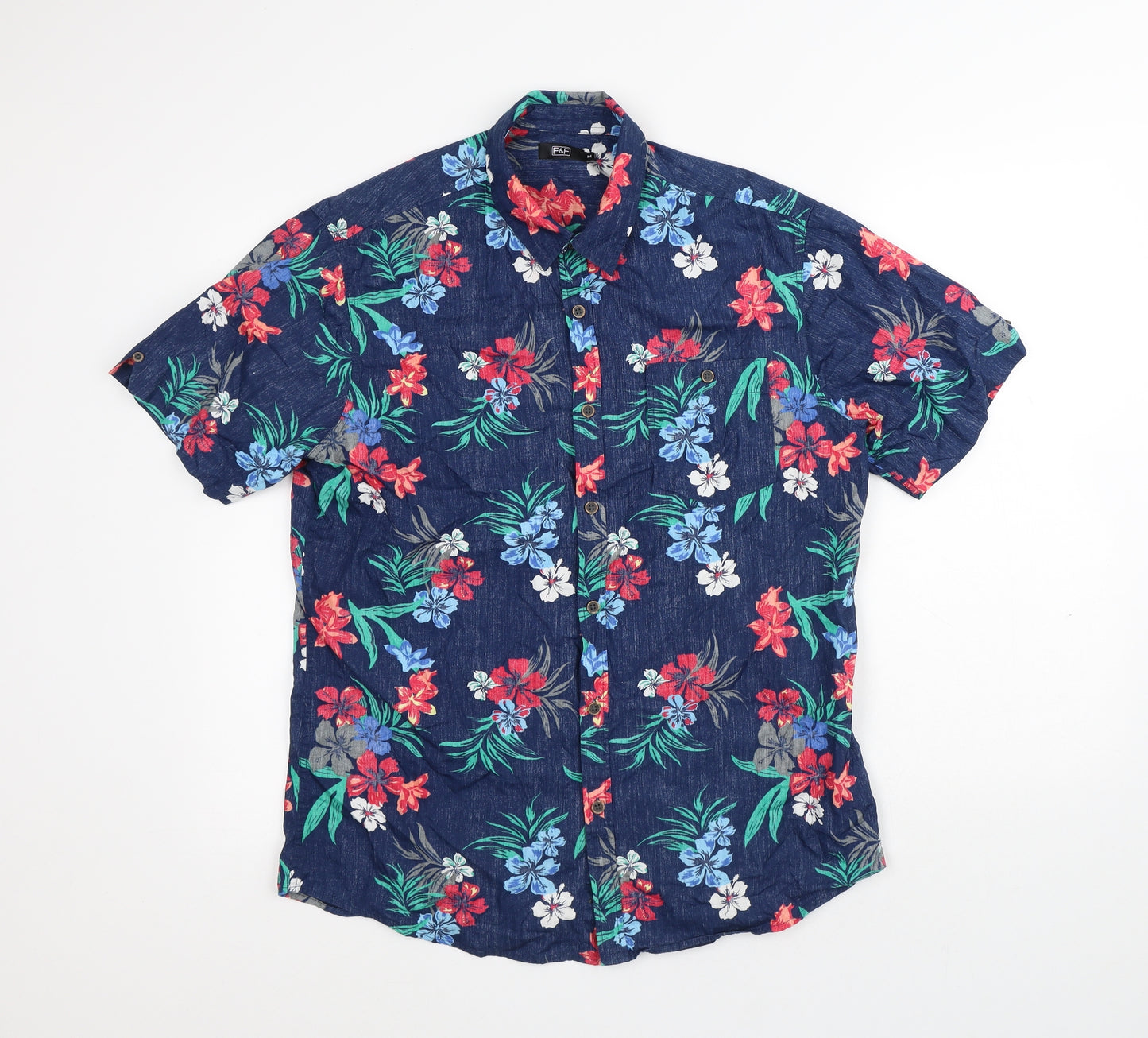 F&F Mens Blue Floral Cotton Button-Up Size M Collared Button - Floral Shirt