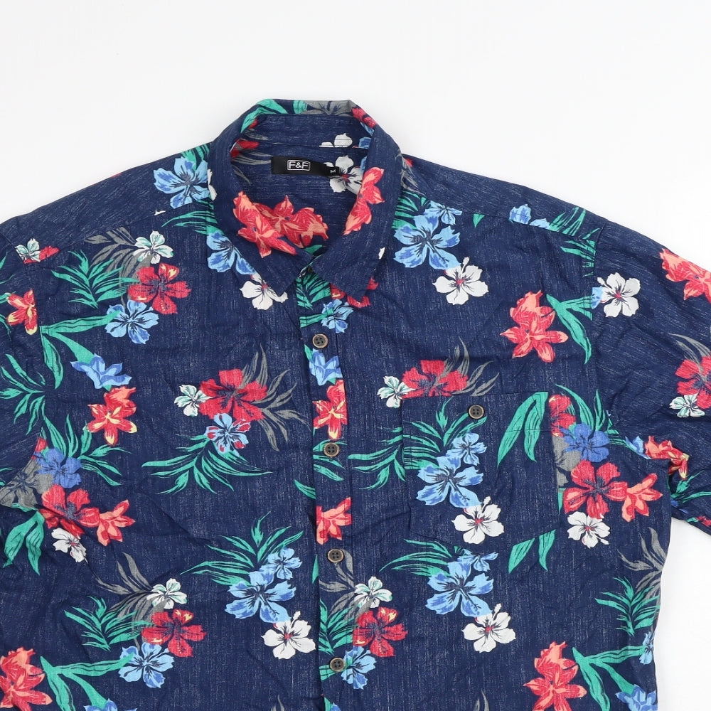 F&F Mens Blue Floral Cotton Button-Up Size M Collared Button - Floral Shirt