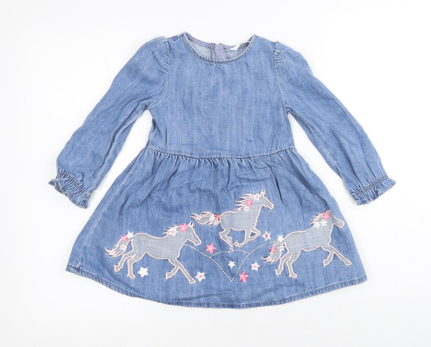Marks and Spencer Girls Blue Geometric Cotton A-Line Size 3-4 Years Round Neck Zip - Unicorn