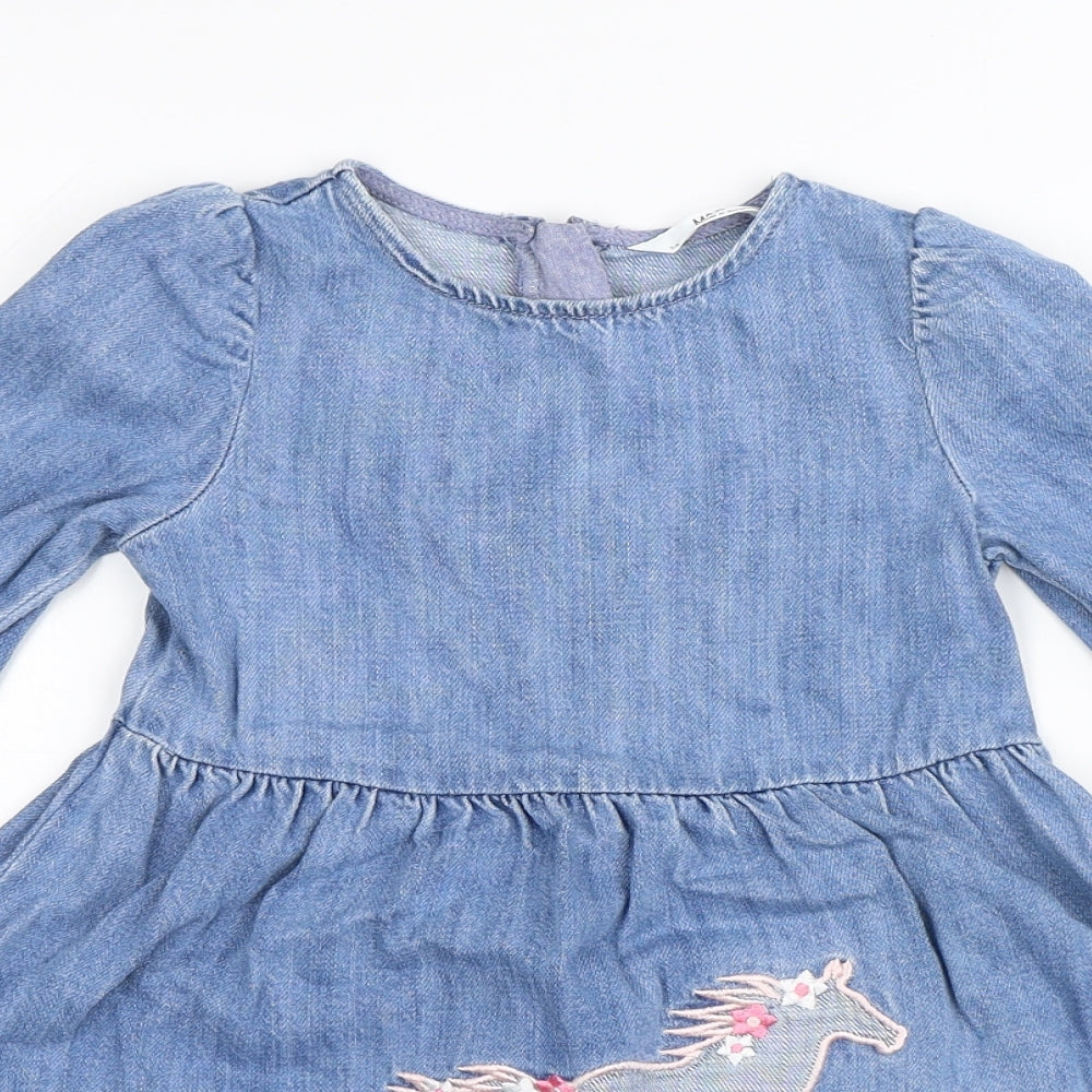 Marks and Spencer Girls Blue Geometric Cotton A-Line Size 3-4 Years Round Neck Zip - Unicorn