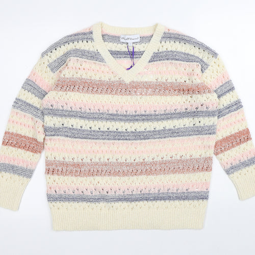 Mud Flowers Womens Multicoloured Round Neck Striped Acrylic Pullover Jumper Size S