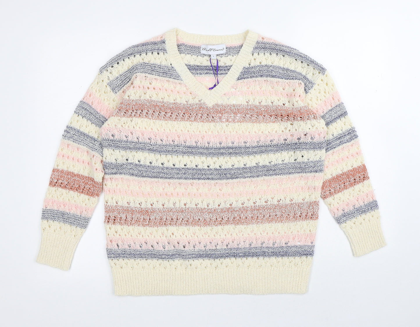 Mud Flowers Womens Multicoloured Round Neck Striped Acrylic Pullover Jumper Size S