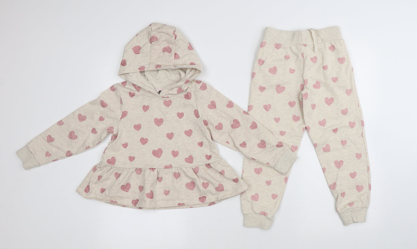 Pep&Co Girls Beige Geometric Cotton Top Pyjama Set Size 4-5 Years Drawstring - Hearts