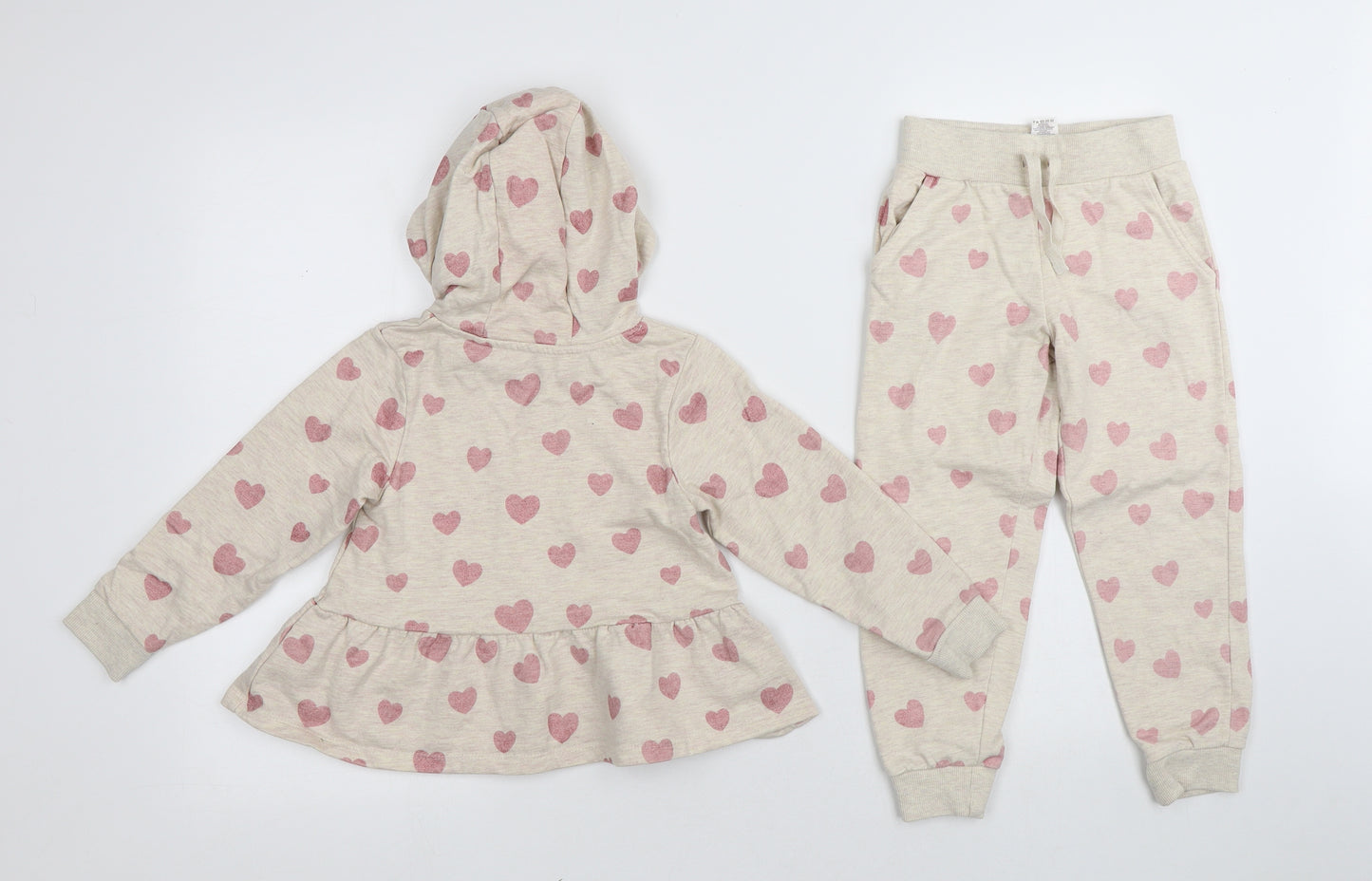 Pep&Co Girls Beige Geometric Cotton Top Pyjama Set Size 4-5 Years Drawstring - Hearts