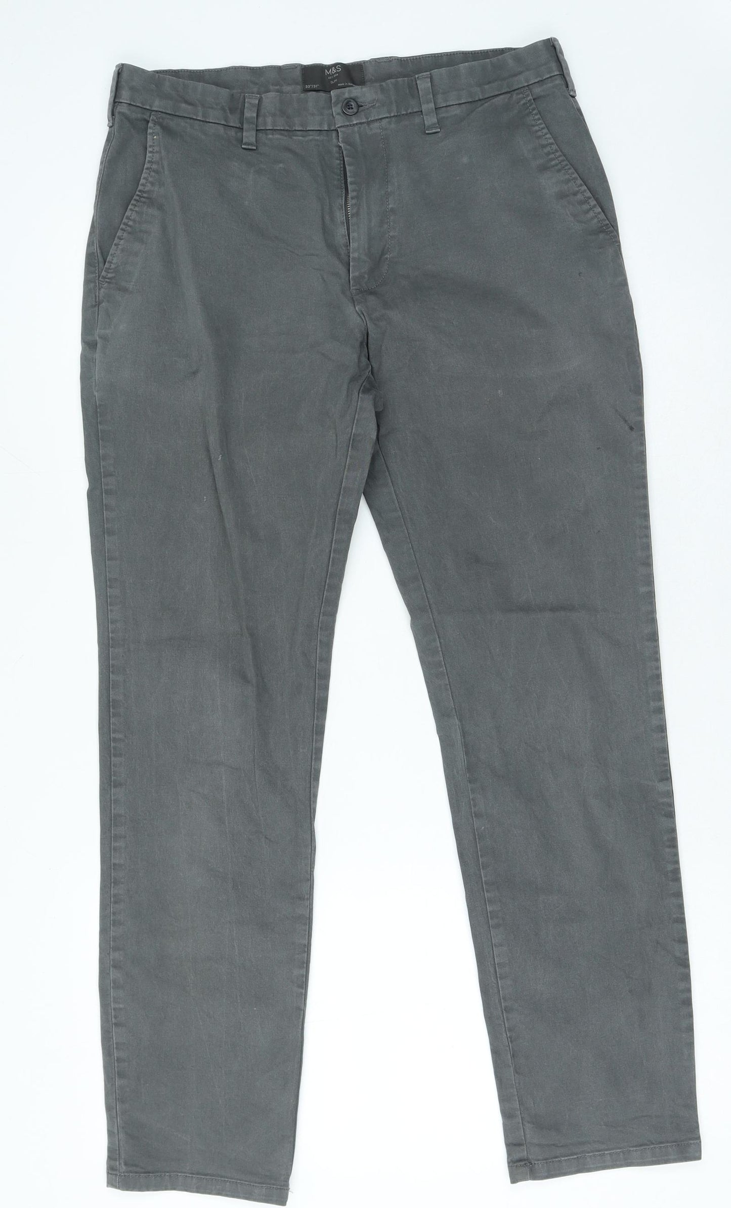 Marks and Spencer Mens Grey Cotton Straight Jeans Size 34 in L28 in Regular Zip
