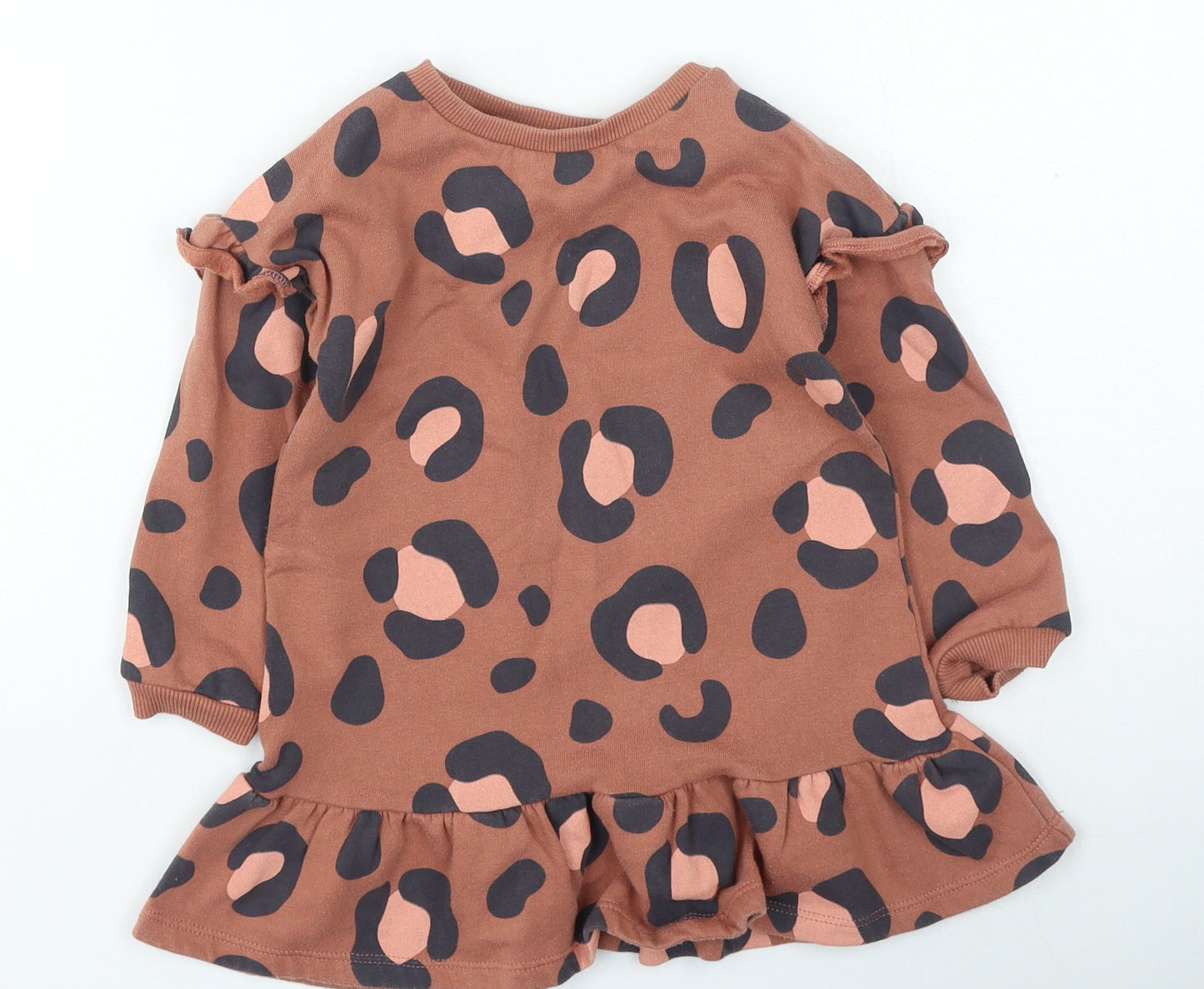 F&F Girls Brown Animal Print Cotton Jumper Dress Size 2-3 Years Round Neck Pullover