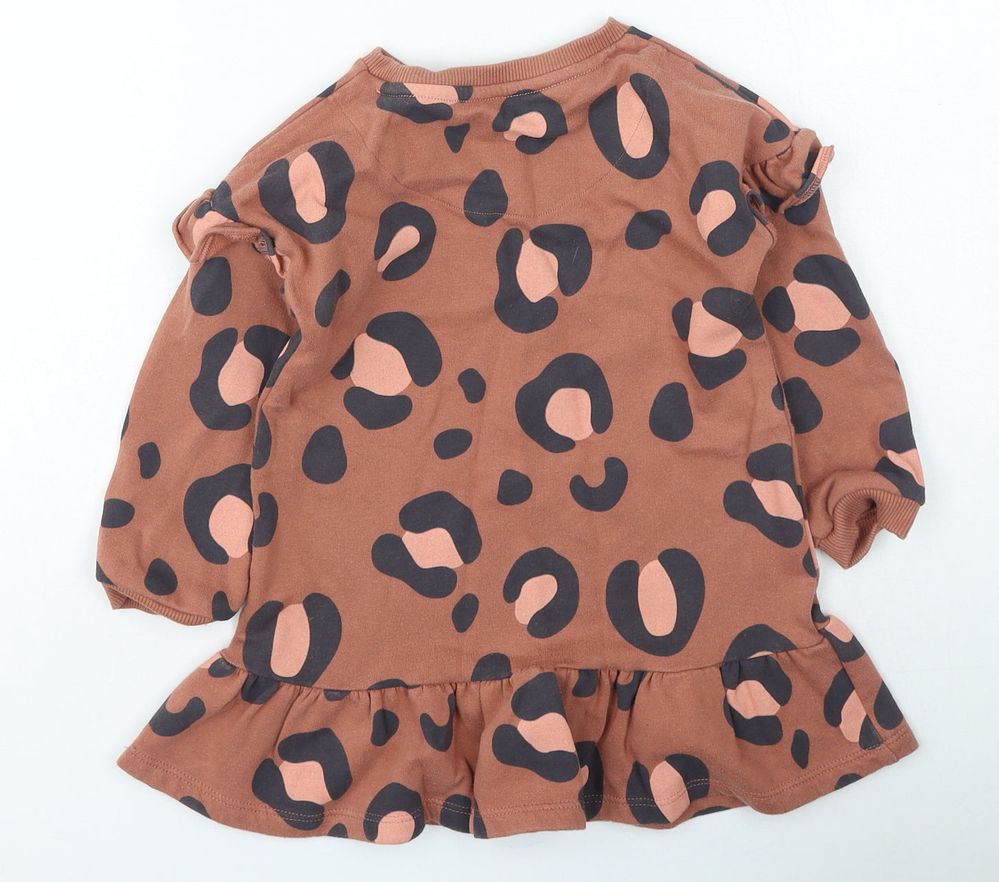 F&F Girls Brown Animal Print Cotton Jumper Dress Size 2-3 Years Round Neck Pullover