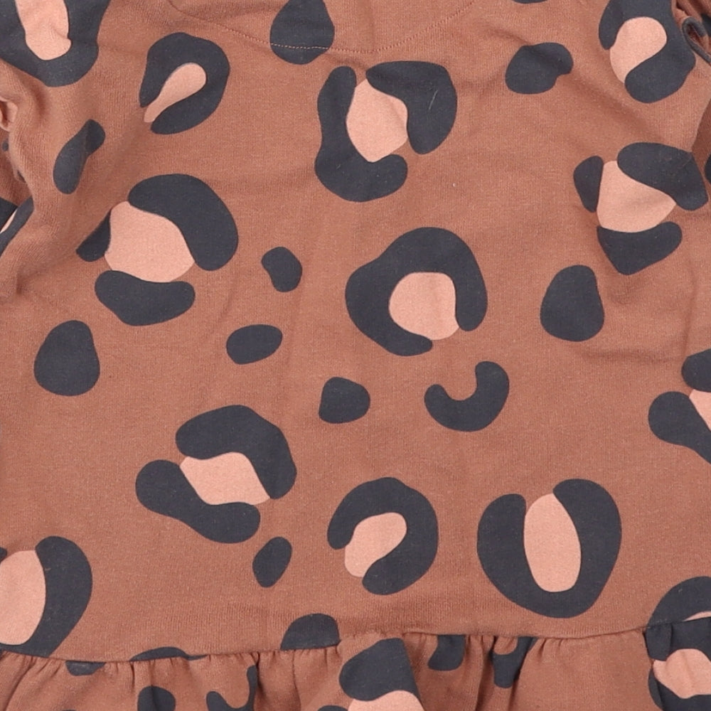 F&F Girls Brown Animal Print Cotton Jumper Dress Size 2-3 Years Round Neck Pullover