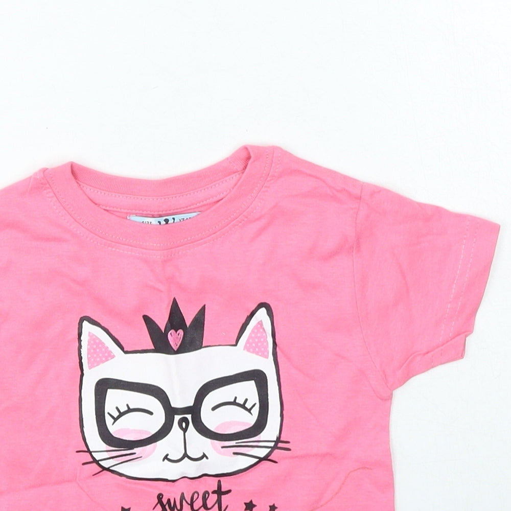 Native world Girls Pink Cotton Basic Casual Size 2 Years Round Neck Pullover - Cat