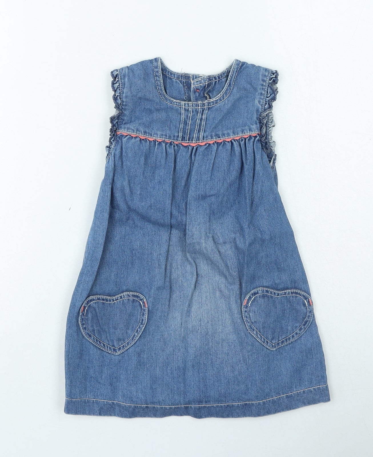 Marks and Spencer Girls Blue Cotton Pinafore/Dungaree Dress Size 12-18 Months Round Neck Button - =