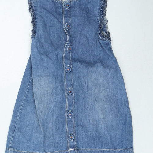 Marks and Spencer Girls Blue Cotton Pinafore/Dungaree Dress Size 12-18 Months Round Neck Button - =