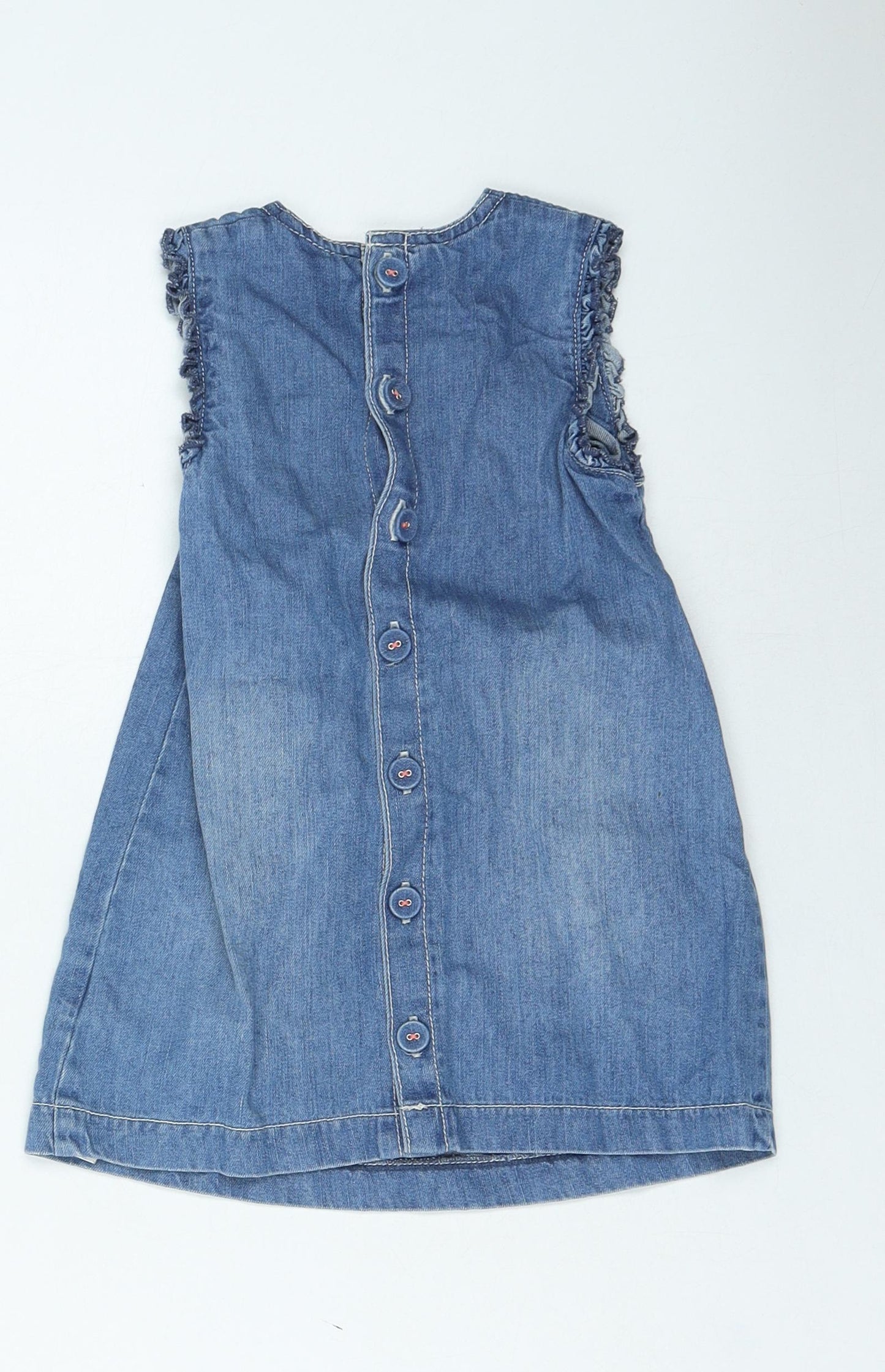 Marks and Spencer Girls Blue Cotton Pinafore/Dungaree Dress Size 12-18 Months Round Neck Button - =