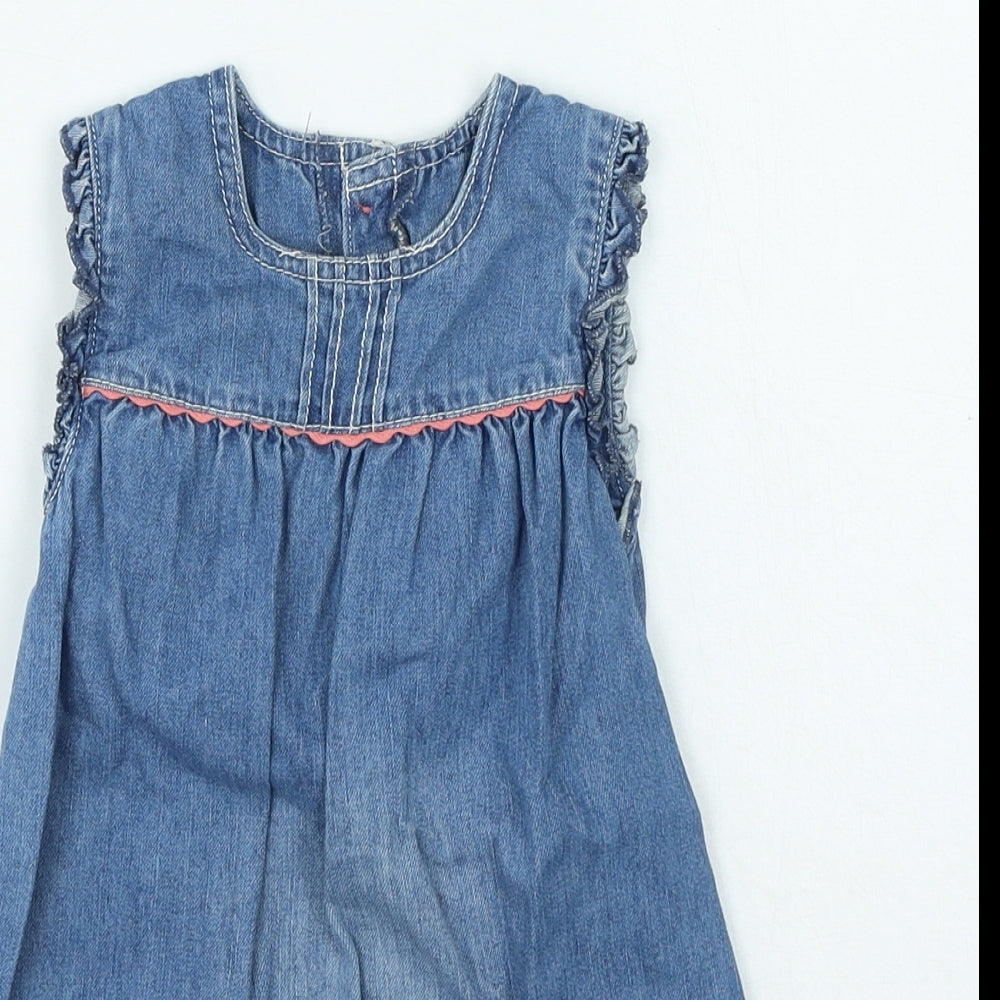 Marks and Spencer Girls Blue Cotton Pinafore/Dungaree Dress Size 12-18 Months Round Neck Button - =
