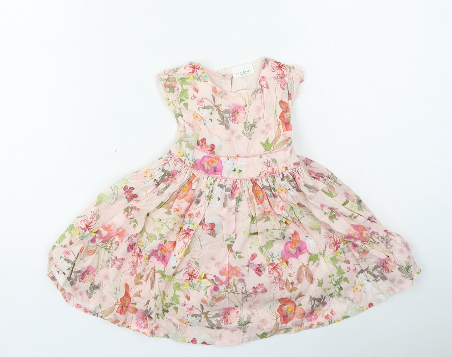NEXT Girls Pink Floral Cotton Skater Dress Size 12-18 Months Round Neck Button