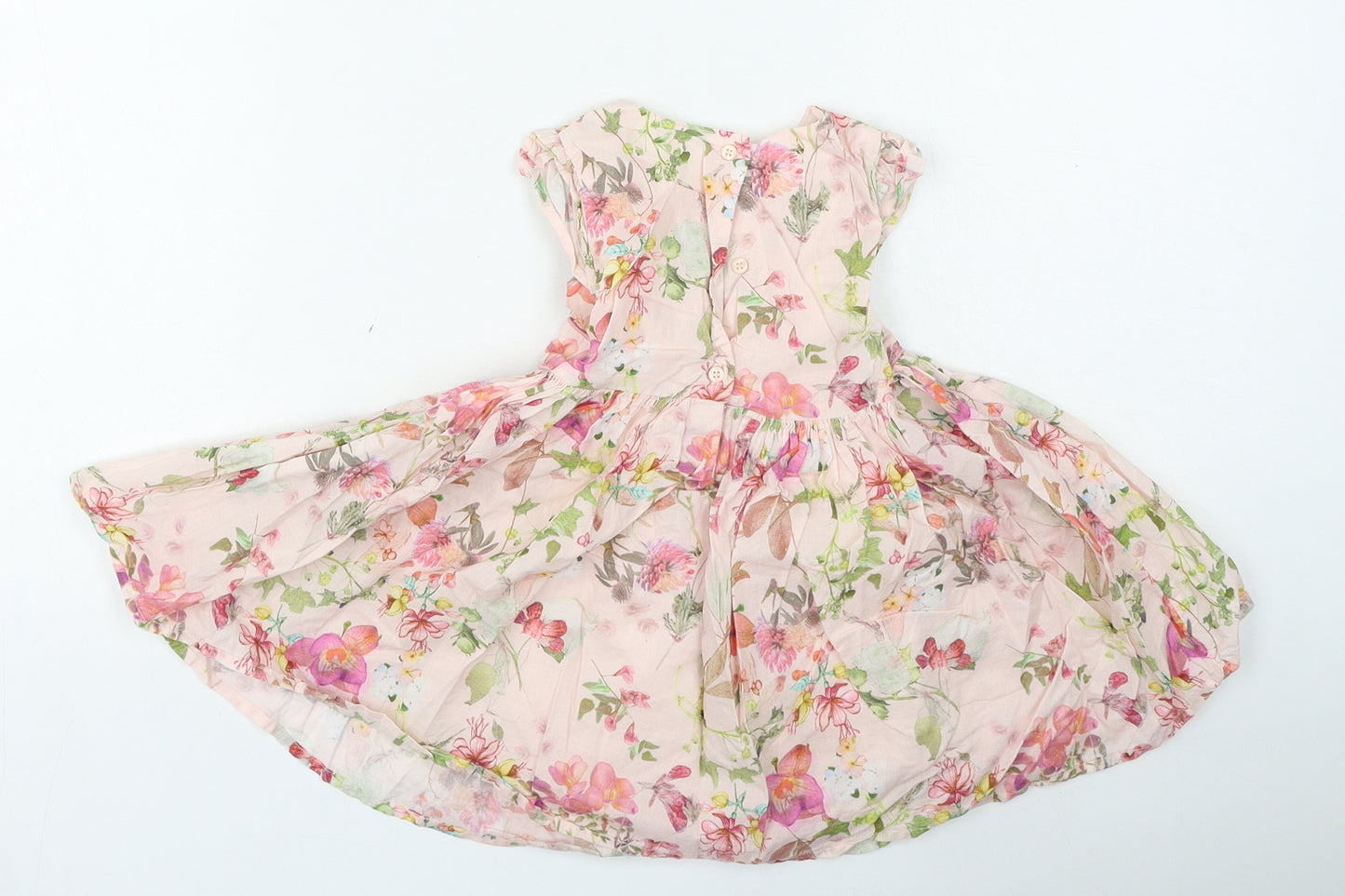 NEXT Girls Pink Floral Cotton Skater Dress Size 12-18 Months Round Neck Button