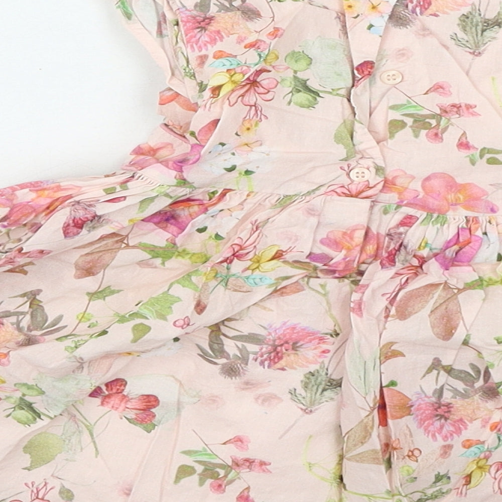 NEXT Girls Pink Floral Cotton Skater Dress Size 12-18 Months Round Neck Button