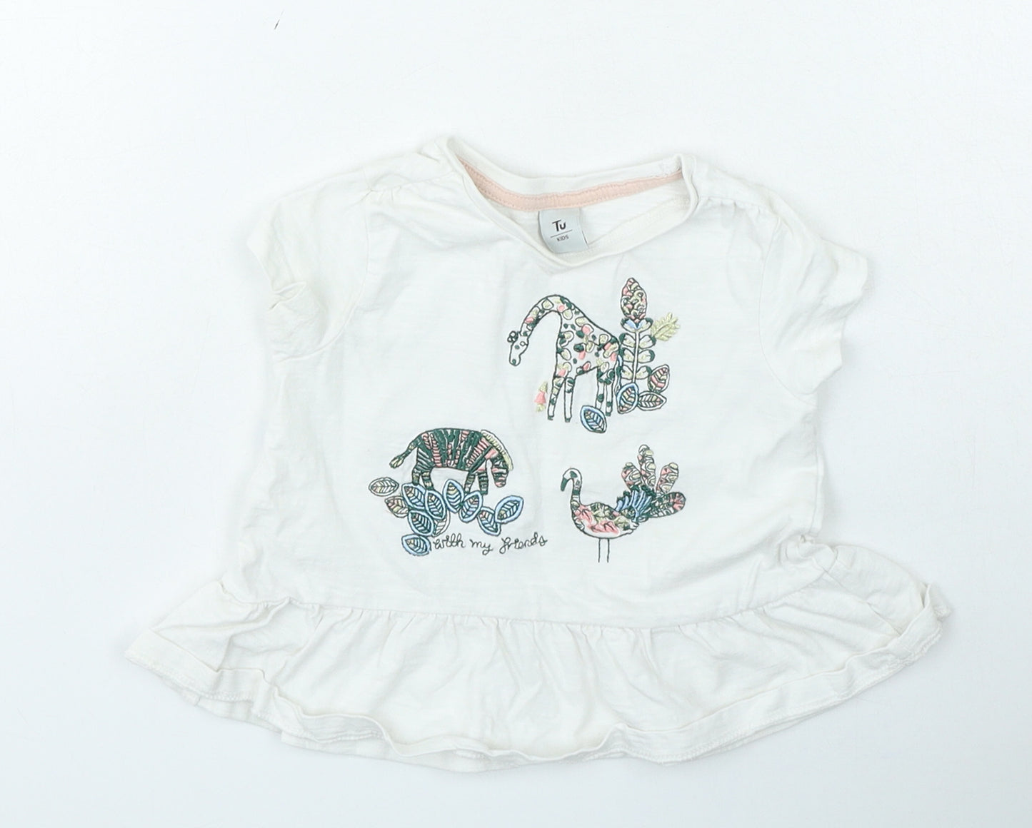 TU Girls Ivory Cotton Basic T-Shirt Size 18-24 Months Round Neck Pullover - Animals