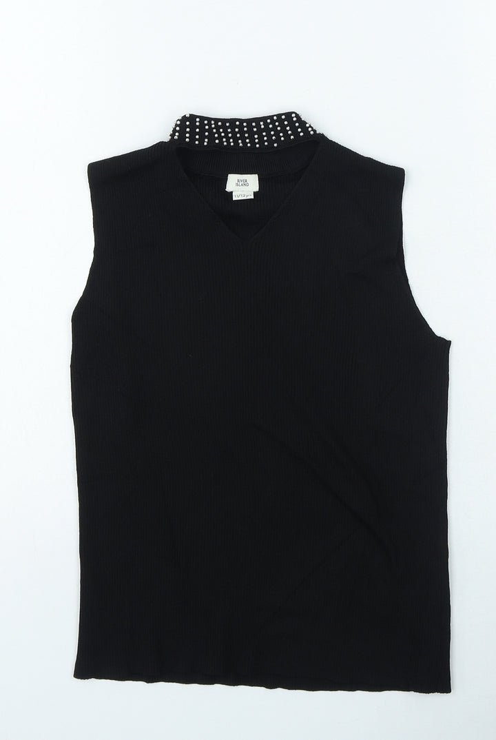 River Island Girls Black Vinyl Basic Tank Size 11-12 Years V-Neck Pullover