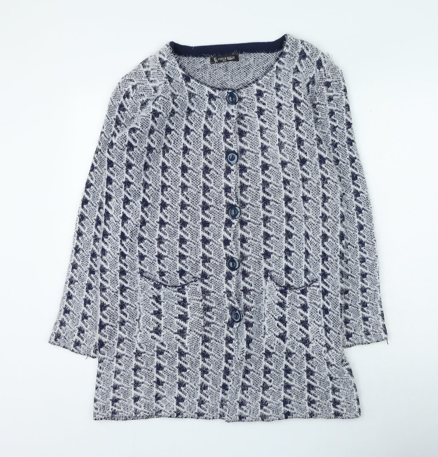 foglie rosse Womens Grey Round Neck Geometric Acrylic Cardigan Jumper Size M