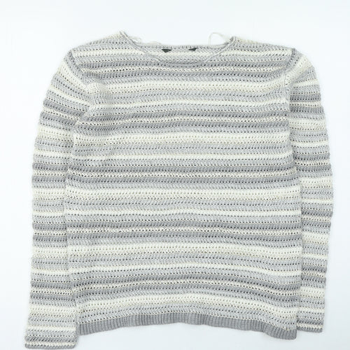 Preworn Womens Grey Round Neck Striped Acrylic Pullover Jumper Size 14